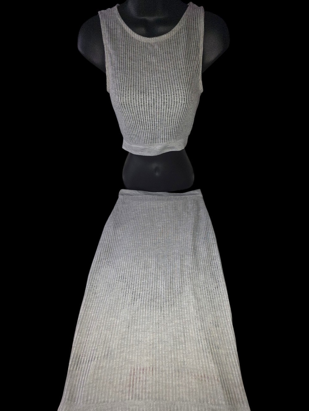 Sheer Grey Ribbed 2-Piece Set (Crop Top & Skirt with Lining) - Small